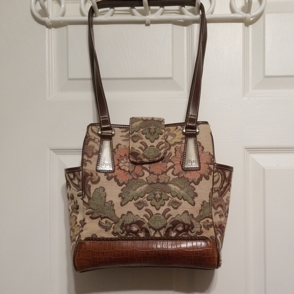 Floral Tapestry Shoulder Bag with Brown Leather Trim